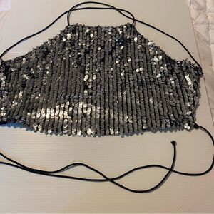 Luxxel Sequin silver black Backless Crop to lace NYE Vegas club sexy glam rave M